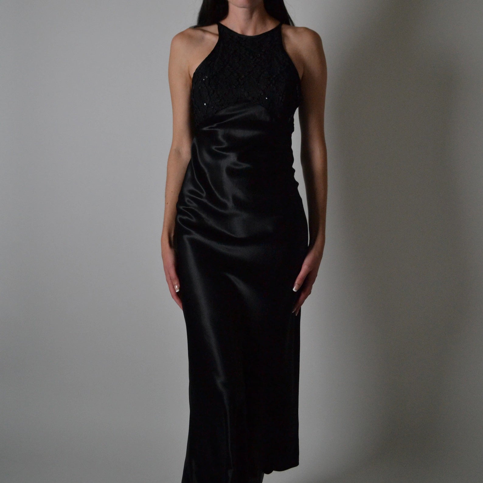Vintage Black Satin Maxi Dress galdiva Vintage Black Satin Maxi Dress galdiva